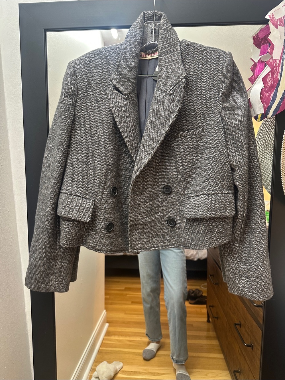 Free People Gray Cropped Double-Breasted Herringbone Blazer